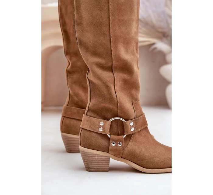 Zamszowe Kozaki Na Niskim Obcasie Z Cholewką Przed Kolano Zazoo 3444/O Camel