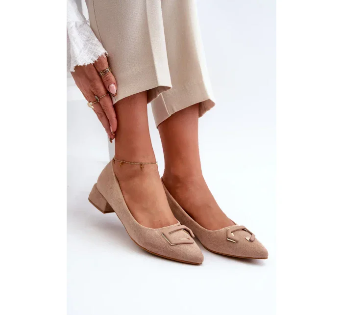 Lodičky na nízkom podpätku so zdobením, Eco Suede S.Barski Beige