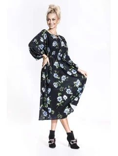 Čierne/svetlomodré dámske kvetinové kimono šaty s okrúhlym výstrihom Ann Gissy (XY202116)