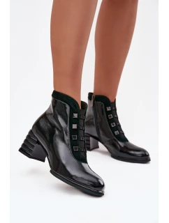 Lakované dámské kotníkové boty z přírodní kůže na podpatku model 21713856 tmavě zelené - D&A