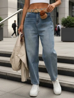 Dámske džínsy balónového strihu s opaskom a visačkou modré FashionStreet UY2915