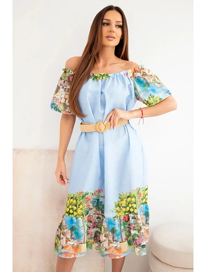 Dámské šaty model 22170769 střihu s páskem a krátkým rukávem modrá - K-Fashion