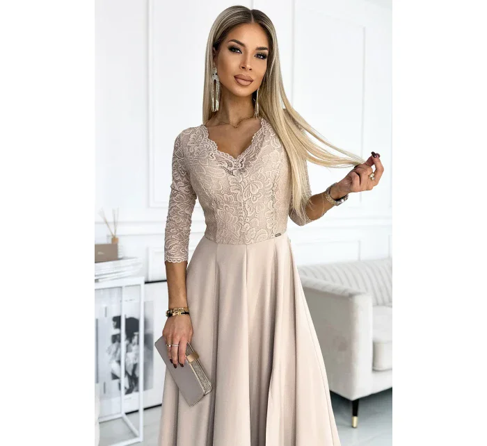 309-10 AMBER čipkované elegantné dlhé šaty s výstrihom a rozparkom na nohách - BEACH