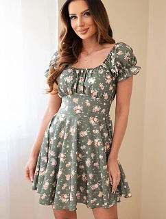 Dámske kvetinové šaty s volánovými rukávmi a elastickým pásom khaki farby