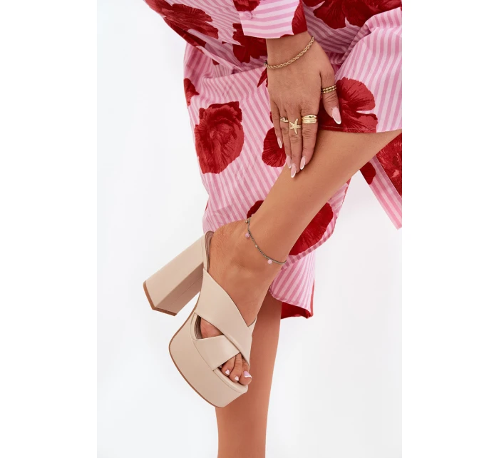 Klapki Damskie Na Platformie I Słupku Beżowe Lenobos