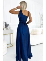 528-1 Dlhé trblietavé šaty na jedno rameno s mašľou - ZELENÉ