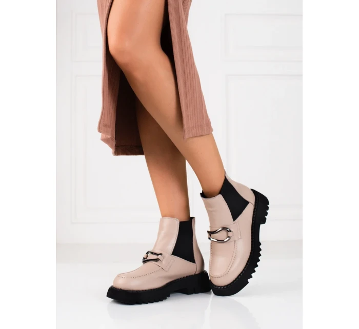 Exkluzívne dámske hnedé členkové topánky na plochom podpätku