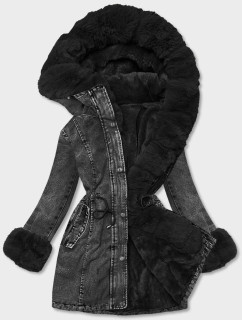 Čierna dámska džínsová bunda s kožušinovou podšívkou (B8068-101)