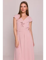 S411 Šaty bez rukávov s volánovým výstrihom - púdrové S411 Šaty bez rukávov s volánovým výstrihom - púdrové