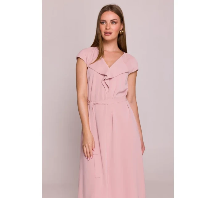 S411 Šaty bez rukávov s volánovým výstrihom - púdrové S411 Šaty bez rukávov s volánovým výstrihom - púdrové