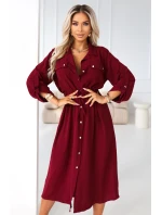 kostkované midi šaty s knoflíky a páskem vínové model 21921783 - numoco basic