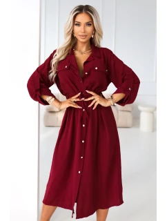 kostkované midi šaty s knoflíky a páskem vínové model 21921783 - numoco basic