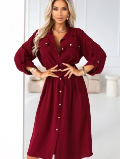 651-2 Emery - kockované midi šaty s gombíkmi a opaskom - bordová