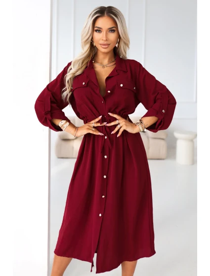 kostkované midi šaty s knoflíky a páskem vínové model 21921783 - numoco basic