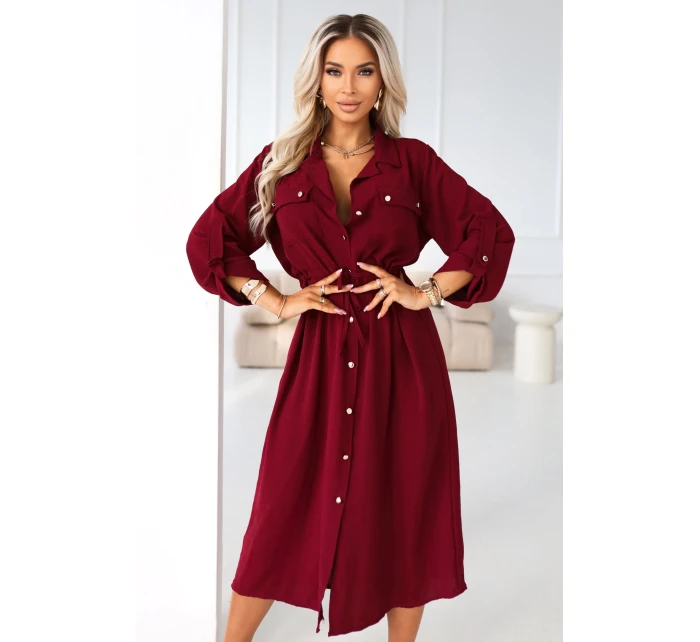 kostkované midi šaty s knoflíky a páskem vínové model 21921783 - numoco basic