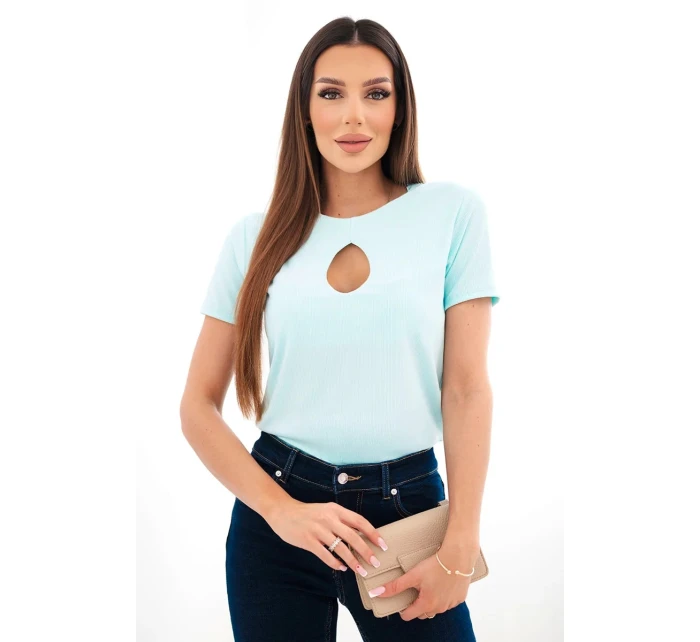 Dámská viskózová žebrovaná halenka s ozdobným výstřihem u model 22025278 mentolová - K-Fashion
