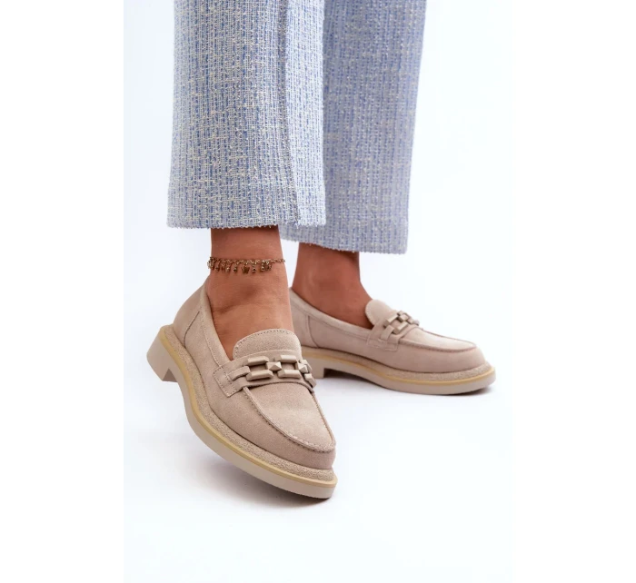 Dámske semišové mokasíny na podpätku s béžovým zdobením D&A Dámske semišové mokasíny na podpätku s béžovým zdobením D&A