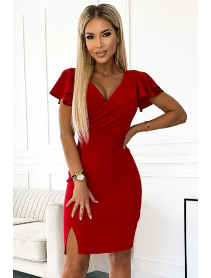 NINA Červené dámské šaty s přeloženým obálkovým výstřihem, a páskem model 19002772 - numoco