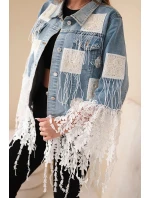 Dámska bavlnená džínsová bunda so strapcami a čipkou v boho štýle z ľahkého denimu
