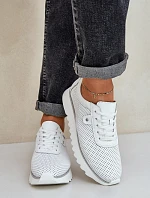 Skórzane Buty Sportowe Na Platformie Z Brokatem D&A LR51-629 Białe