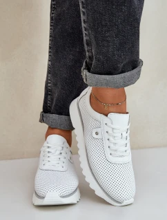 Skórzane Buty Sportowe Na Platformie Z Brokatem D&A LR51-629 Białe