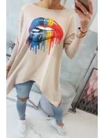 Oversize blúzka s potlačou dúhových pier béžová Oversize blúzka s potlačou dúhových pier béžová