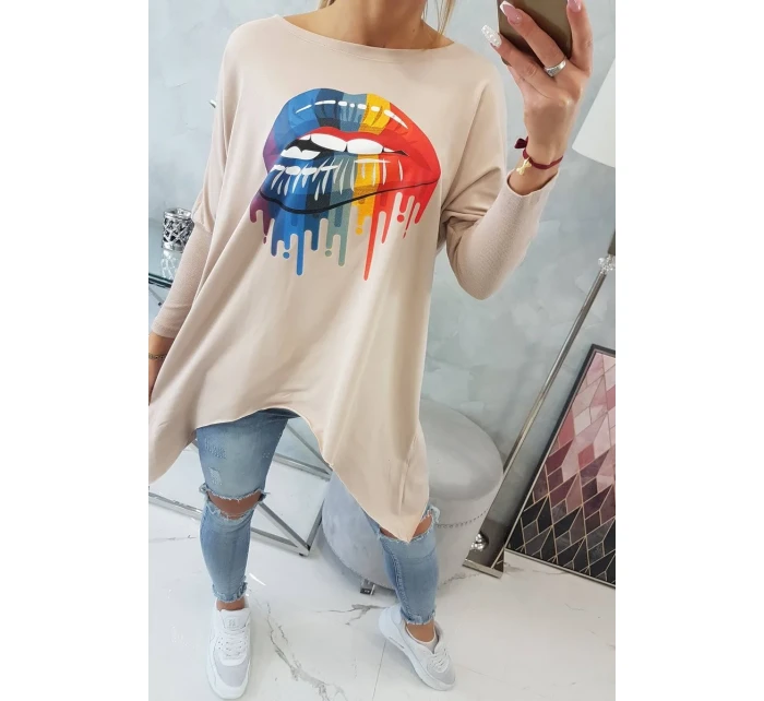 Oversize blúzka s potlačou dúhových pier béžová Oversize blúzka s potlačou dúhových pier béžová