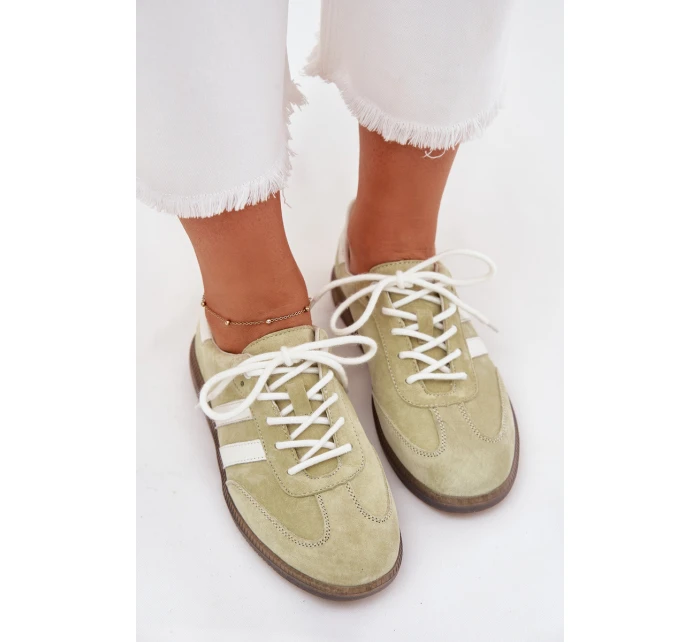 Niskie Skórzane Sneakersy Damskie Limonkowe Ismina