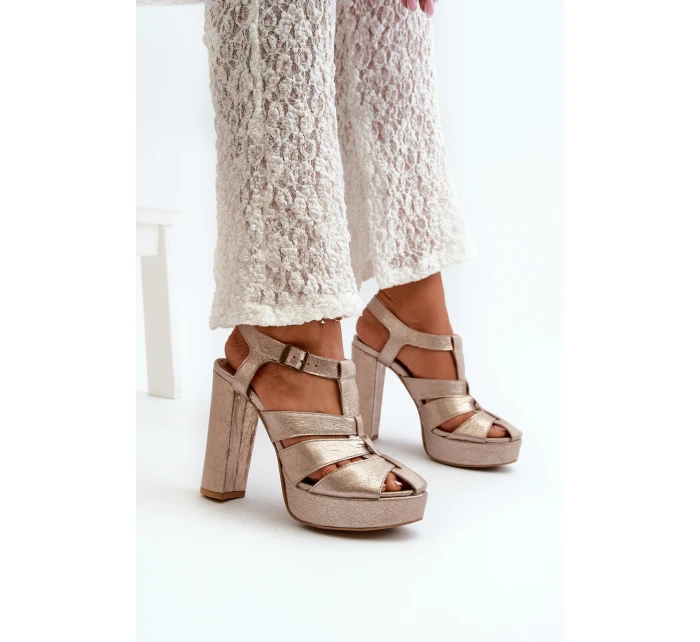 Sandały Damskie Na Słupku Skórzane Maciejka 06050-25 Złote