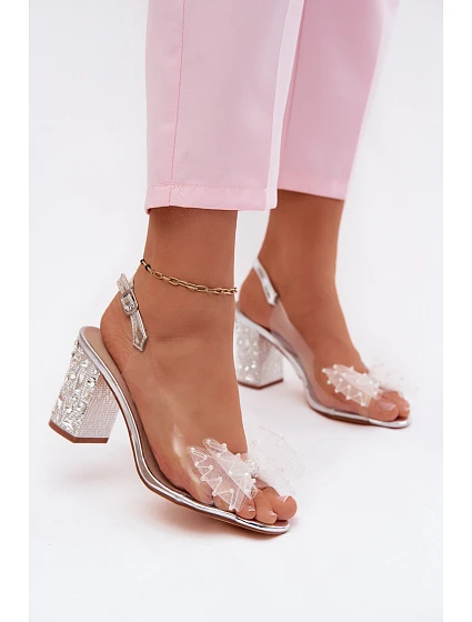 Sandály na podpatku s krystaly síťovaná mašle D&A MR61-9010 Stříbrné
