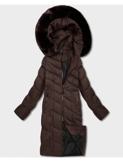 Dámska hnedá dlhá bunda s kapucňou (7662#-F01)
