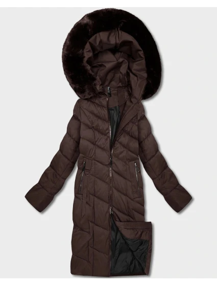 Hnědá dlouhá dámská bunda s kapucí model 21819865 - ROSSE LINE