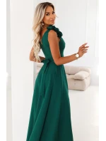 model 21802216 Elegantní večerní maxi šaty s rozparkem a růžemi lahvově zelené - numoco