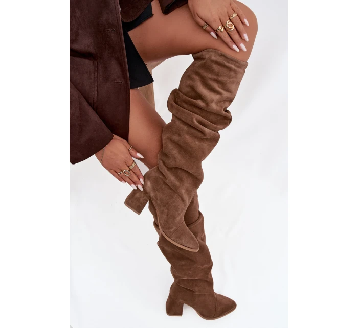 Marszczone Kozaki Z Naturalnego Zamszu Na Słupku Ocieplane Zazoo 4228 Jasnobrązowe