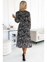 WILD - Dlhšie dámske šifónové šaty s výstrihom, volánikmi, opaskom a so zebrím vzorom 505-2