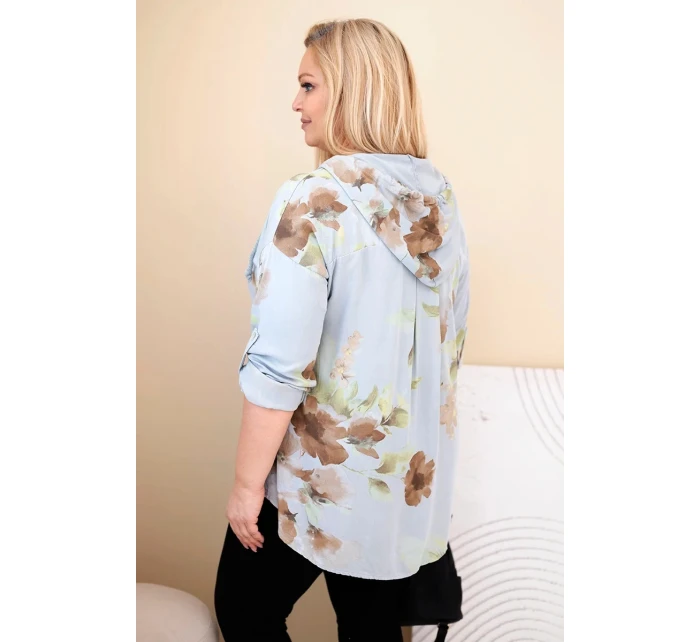 Dámská blůza Plus Size z viskózy s kapucí a květinovým vzorem šedá