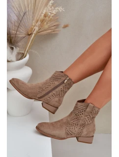 Ażurowe Damskie Botki Na Niskim Obcasie Beżowe Neliawen