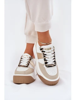 Sneakersy Damskie Na Masywnej Platformie Zwierzęcy Wzór Beżowo-Złote Telanila