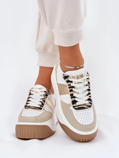 Sneakersy Damskie Na Masywnej Platformie Zwierzęcy Wzór Beżowo-Złote Telanila