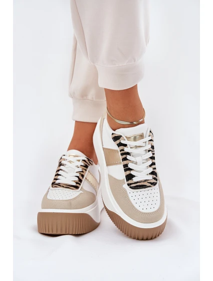 Sneakersy Damskie Na Masywnej Platformie Zwierzęcy Wzór Beżowo-Złote Telanila