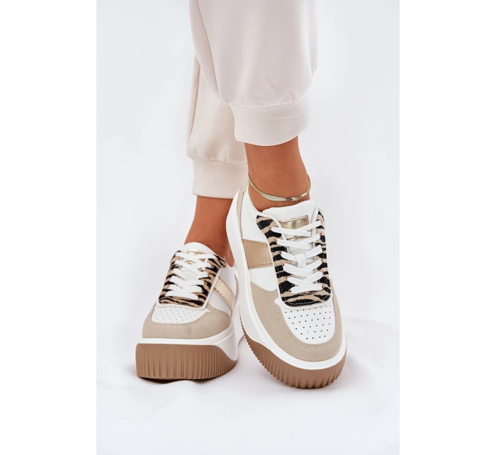 Sneakersy Damskie Na Masywnej Platformie Zwierzęcy Wzór Beżowo-Złote Telanila