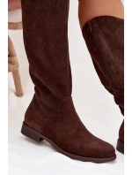 Dámské kozačky s krajkovým vzorem na nízkém podpatku model 22031871 Čokoládové - S.Barski