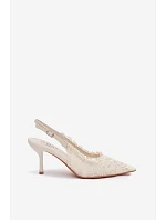 Krajkové Sandály na Podpatku Světle Béžové model 22103019 - Boto