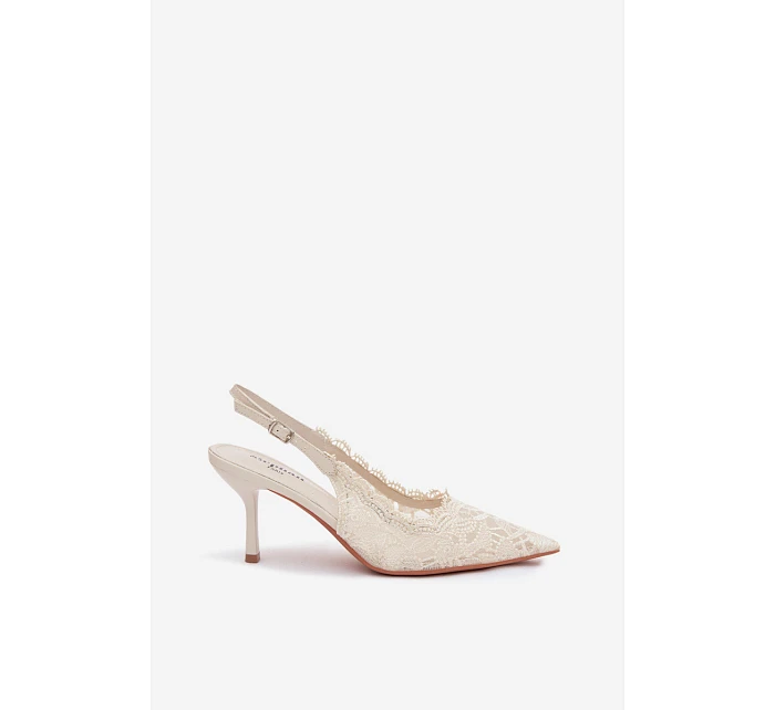 Krajkové Sandály na Podpatku Světle Béžové model 22103019 - Boto