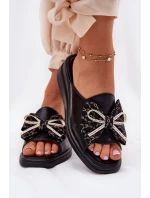 Klapki Damskie Na Koturnie Z Kokardą Czarne Moonzella Klapki Damskie Na Koturnie Z Kokardą Czarne Moonzella