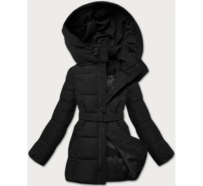 Úzka zimná bunda s opaskom čierna (23MY-207)