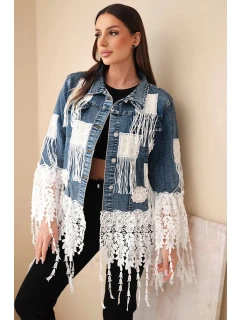 Dámska džínsová bunda z bavlny so strapcami a čipkou v boho štýle z tmavého denimu