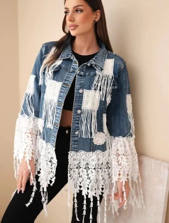 Dámska džínsová bunda z bavlny so strapcami a čipkou v boho štýle z tmavého denimu
