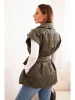 Dámska prešívaná vesta s opaskom a širokým golierom khaki