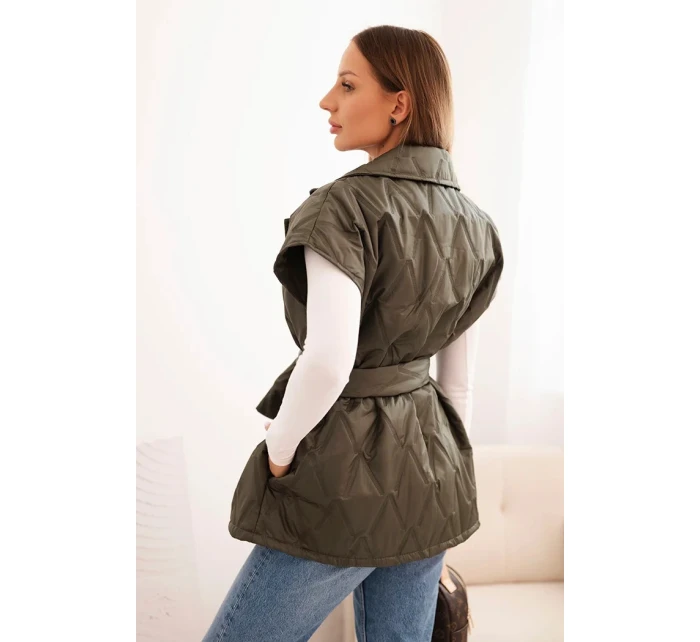Dámska prešívaná vesta s opaskom a širokým golierom khaki